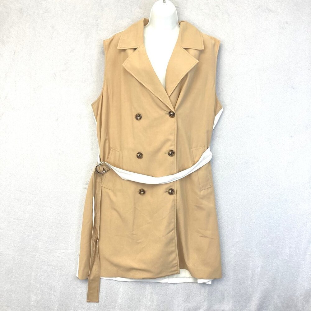 Nine West Sleeveless Trench Vest Womens 2XL Tan White Belted Double Breasted